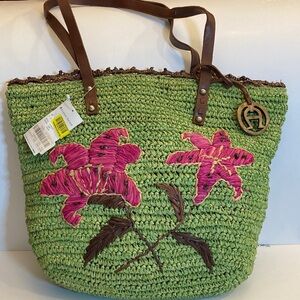 Etienne Aigner Green and Pink Floral Woven Tote Bag Maui Collection